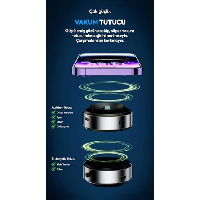 Çift Taraflı Elektrikli Vakumlu Telefon Tutucu, Manyetik Özellikli