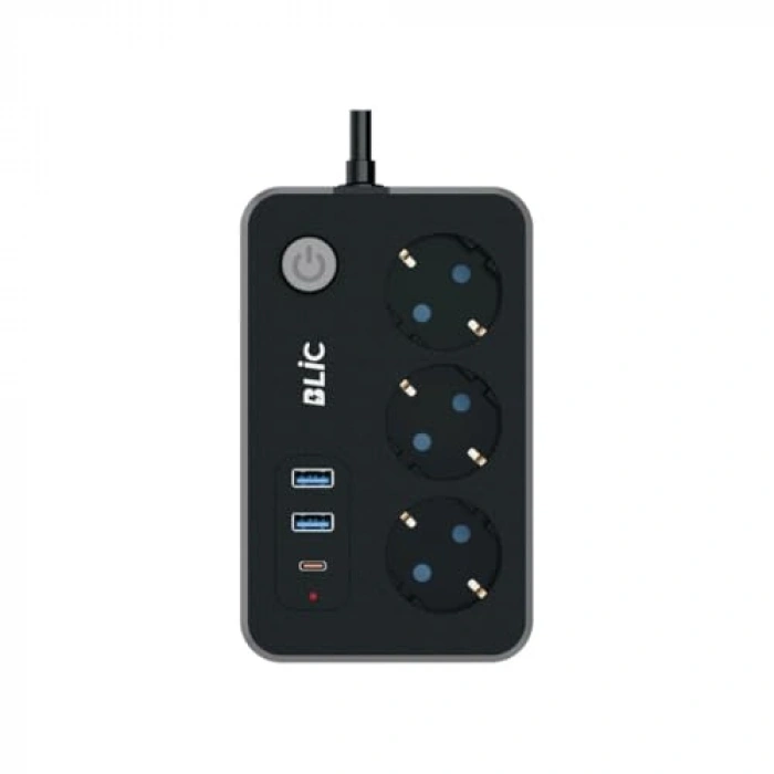 Çocuk Korumalı Akım Korumalı Priz, 3 Priz, 2 USB ve 1 Type-C Girişi ile