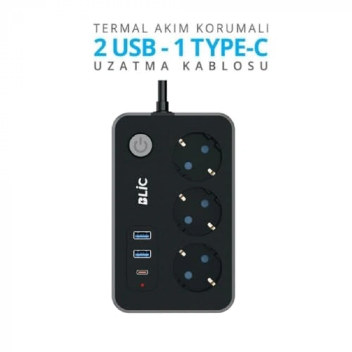 Çocuk Korumalı Akım Korumalı Priz, 3 Priz, 2 USB ve 1 Type-C Girişi ile