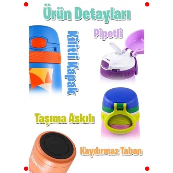 Çocuk Pipetli Çelik Termos - 350 ml (Koyu Pembe)