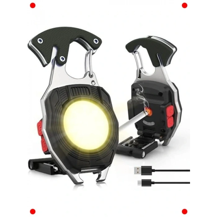 Çok Fonksiyonlu Mini LED Anahtarlık Fener ve Çakmak