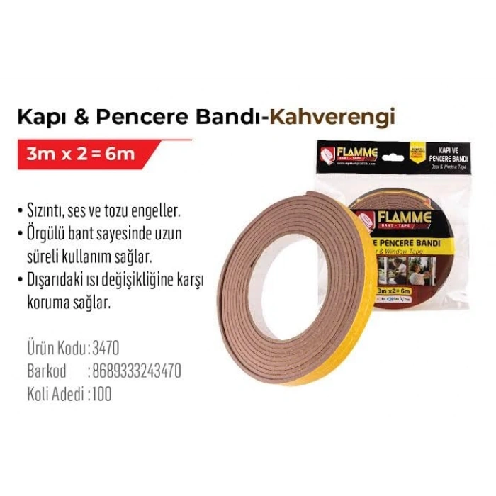 D tipi kapı bandı, 6 metre uzunluk, kahverengi