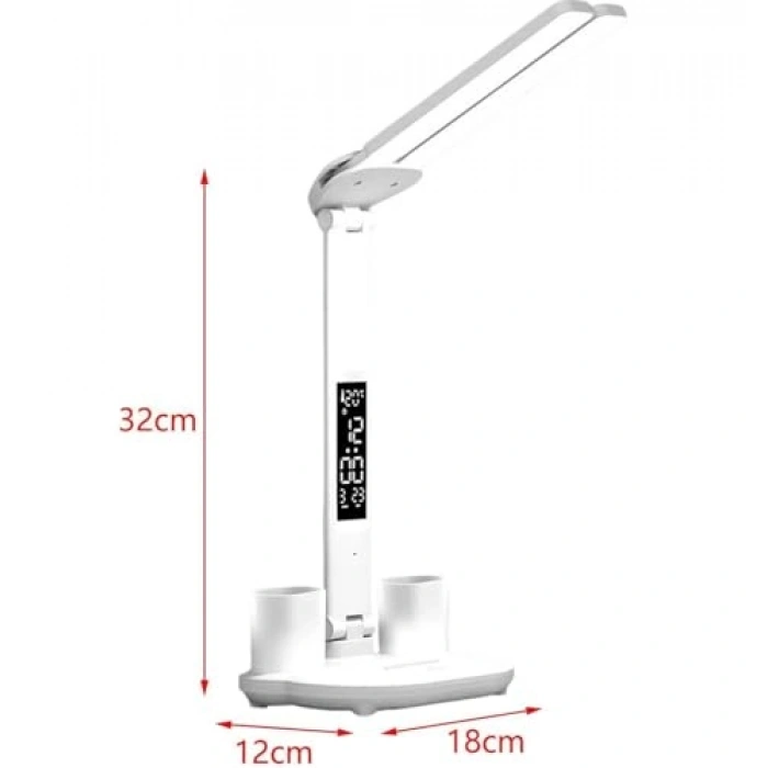 Dijital Saatli Ayarlanabilir LED Masa Lambası, Sarı Beyaz Işık Modu