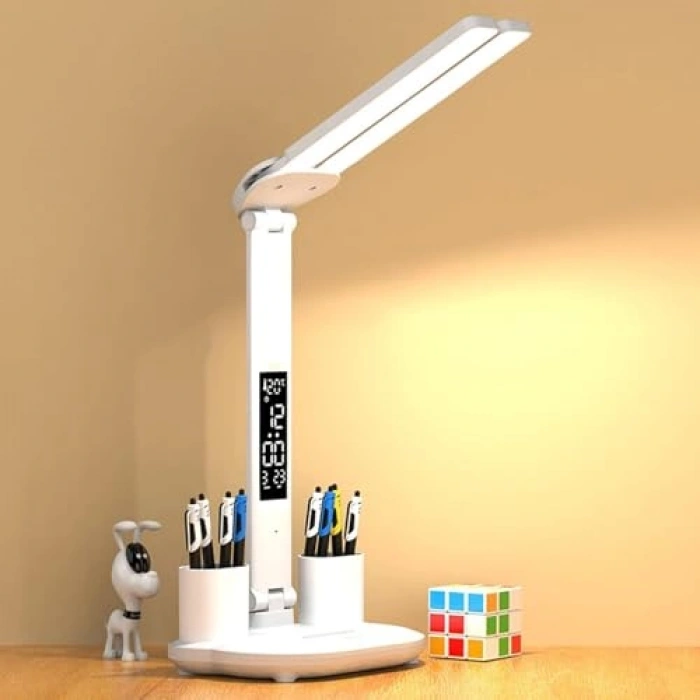 Dijital Saatli Ayarlanabilir LED Masa Lambası, Sarı Beyaz Işık Modu