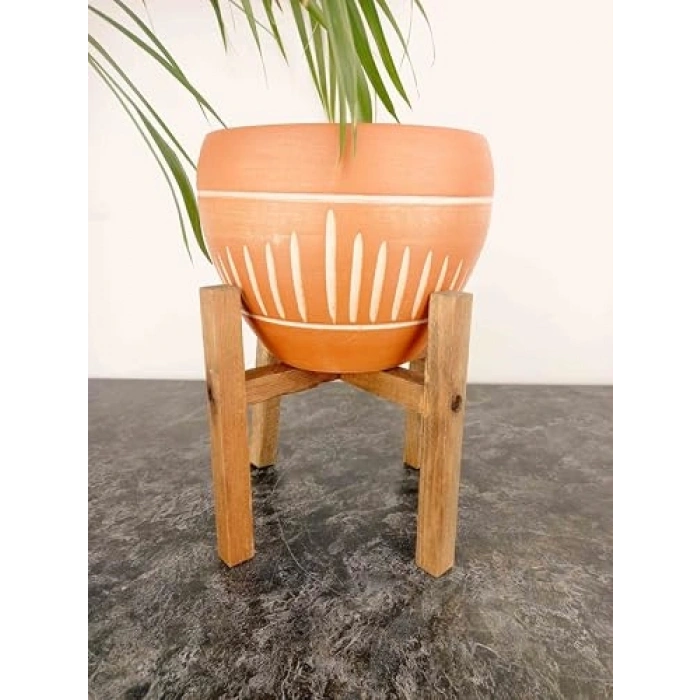 Dik Çizgi Desenli Terrakota Saksı, 15 cm 4 Ayaklı