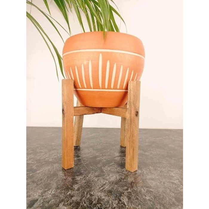 Dik Çizgi Desenli Terrakota Saksı, 15 cm 4 Ayaklı