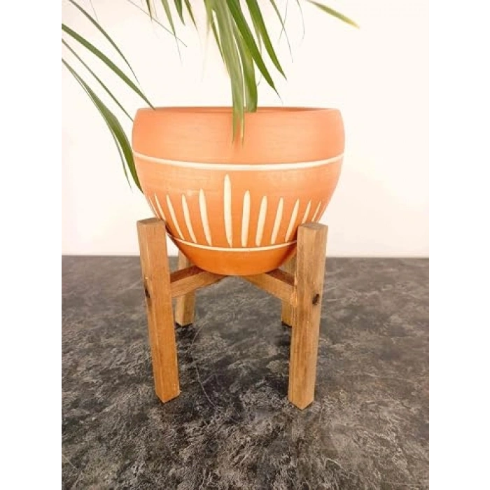 Dik Çizgi Desenli Terrakota Saksı, 15 cm 4 Ayaklı
