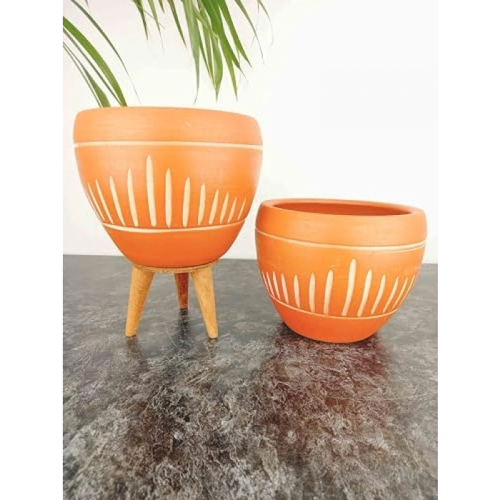 Dik Çizgi Desenli Terrakota Saksı, 15 cm İkili Set