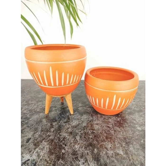 Dik Çizgi Desenli Terrakota Saksı, 15 cm İkili Set