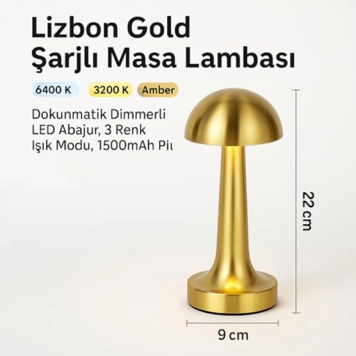 Dimmerli Şarjlı Masa Lambası, 3 Renk Işık Modu, Gold