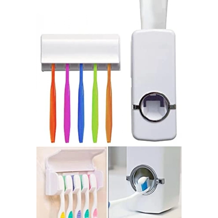 Diş Macunu Sıkacağı ve Diş Fırçası Askı Seti, 5 Parça