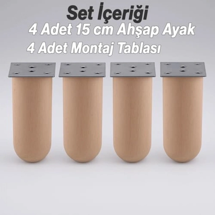 Doğal Ahşap Silindir Ayak Seti, 4 Adet, 15 cm