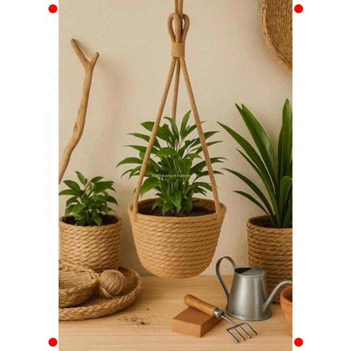 Doğal El Örgüsü Askılı Hasır Saksı - Dekoratif