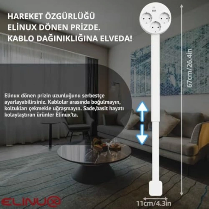 Dönen Priz, USB-A ve USB-C Portlu, 3 AC Çıkışlı, Beyaz