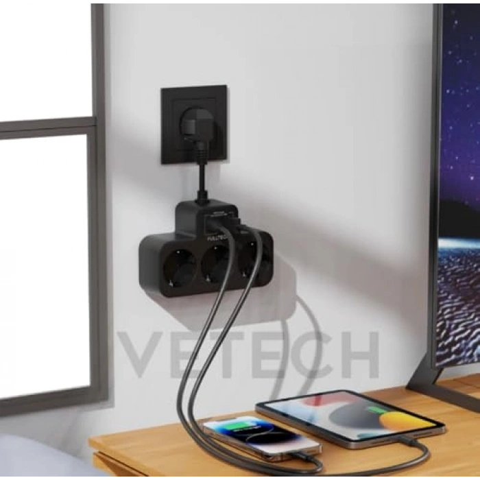 Duvar Tipi Akım Korumalı Priz, 3 Priz ve 2 USB Girişi ile Kullanışlı