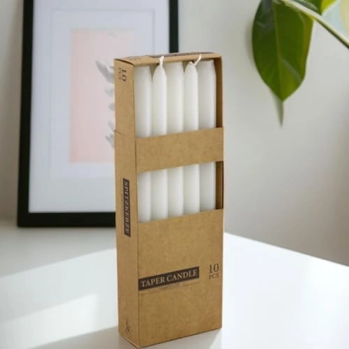 Düz Beyaz Şamdan Mum Seti, 10lu Kandil Hediyelik Fitilli