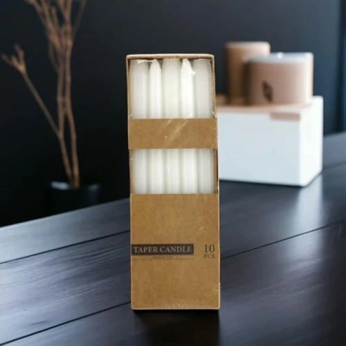 Düz Beyaz Şamdan Mum Seti, 10lu Kandil Hediyelik Fitilli