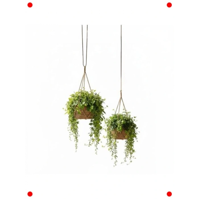 El Yapımı Asılabilir Yuvarlak Hasır Saksılık Seti (2li)