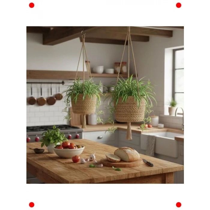 El Yapımı Asılabilir Yuvarlak Hasır Saksılık Seti (2li)