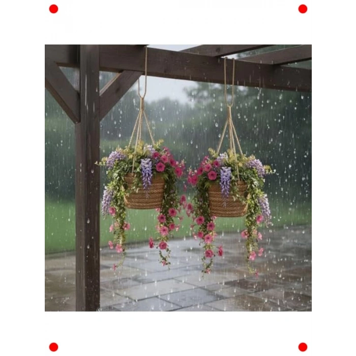 El Yapımı Asılabilir Yuvarlak Hasır Saksılık Seti (2li)