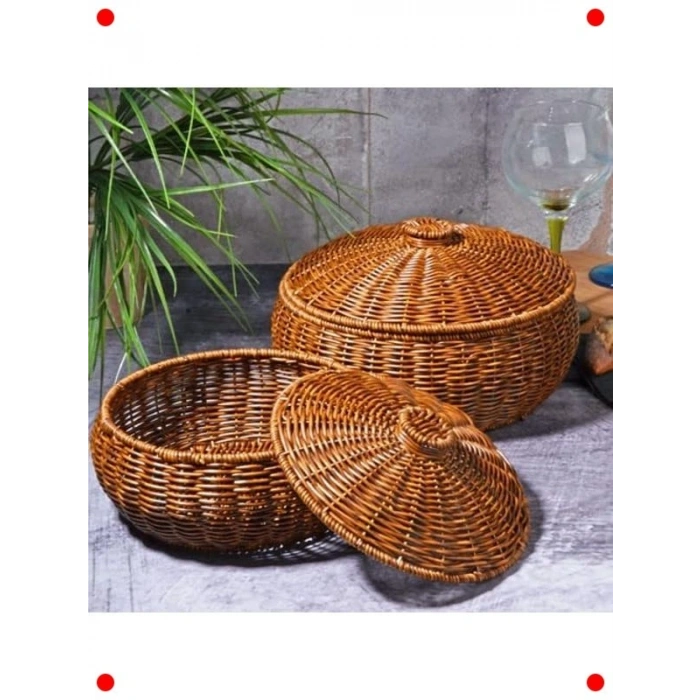 El Yapımı Görünümlü 2li Yuvarlak Hasır Sepet Seti
