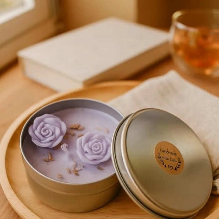 El Yapımı Lavanta Kokulu Soya Mum, Aromaterapi ve Metal Kutuda