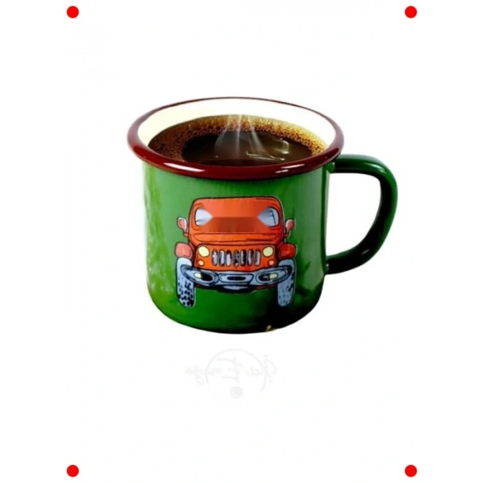 Emaye Kupa Bardak 380 ml - Yeşil Araba Motifli