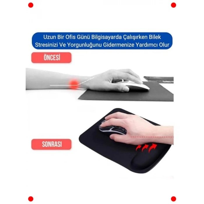 Ergonomik Bilek Destekli Kaymaz Mouse Pad, Siyah