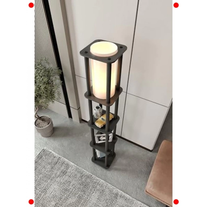 Fonksiyonel Raflı Ahşap Lambader - E27 Uyumlu
