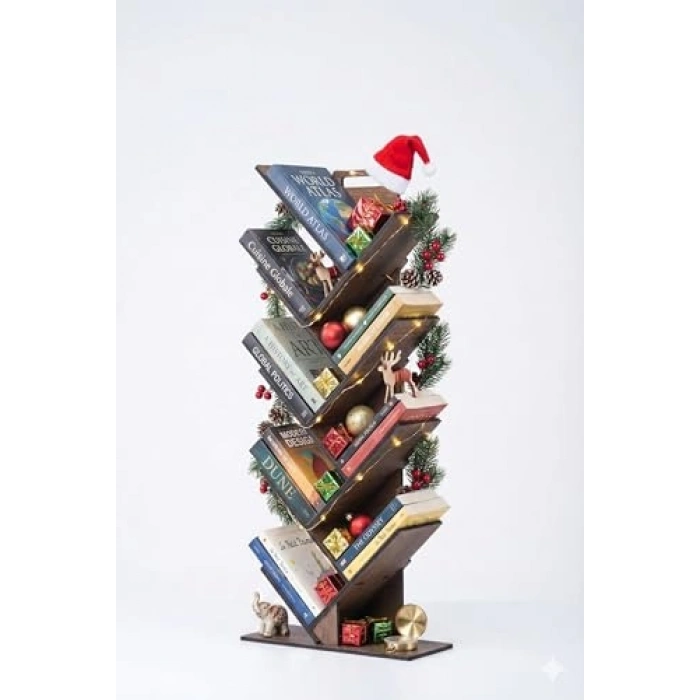 Geometrik Tasarıma Sahip 8 Raflı Ağaç Kitaplık, Modern