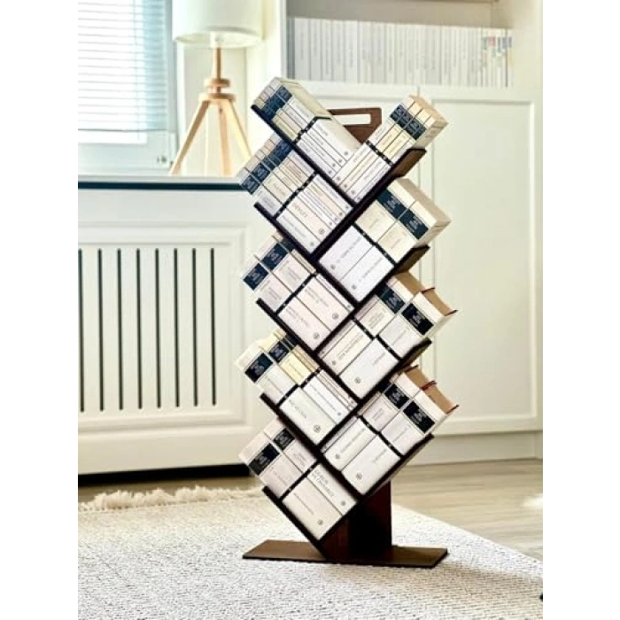 Geometrik Tasarıma Sahip 8 Raflı Ağaç Kitaplık, Modern