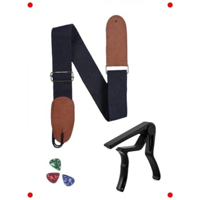 Gitar Aksesuar Seti: Askı, Kapo ve Pena Paketi - Siyah