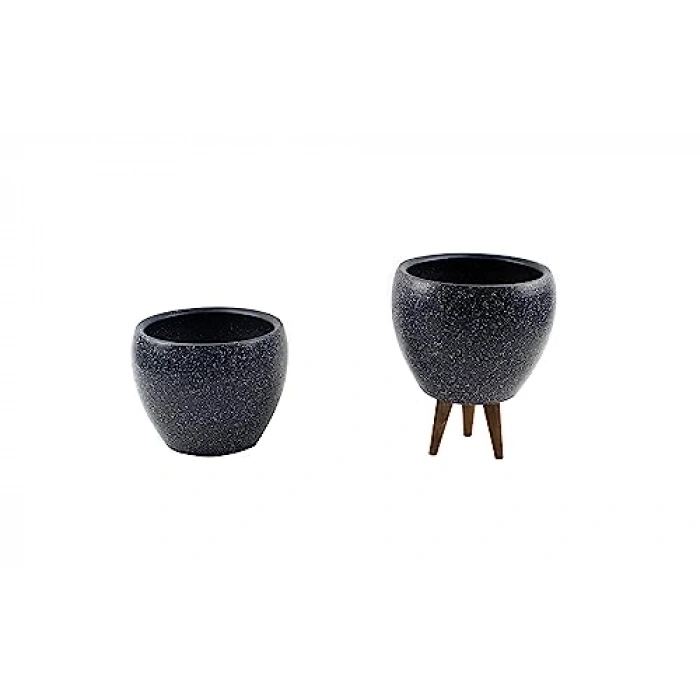 Gri Granit Toprak Saksı, 15 cm İkili Set, 3 Ayaklı