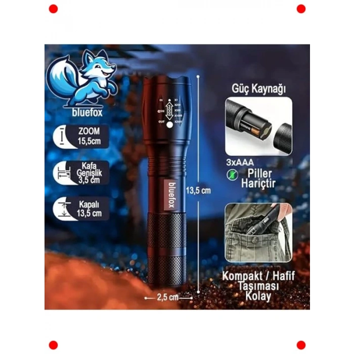 Güçlü LED El Feneri - 10W, Zoom, 5 Mod, Alüminyum Gövde