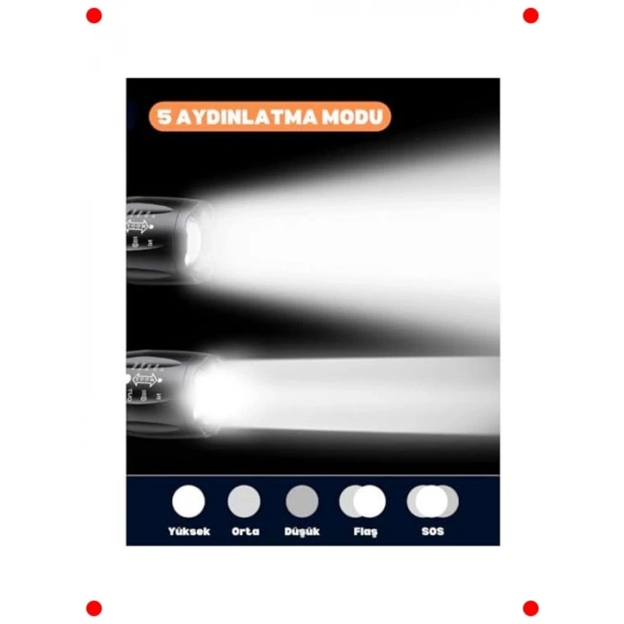 Güçlü LED El Feneri - 10W, Zoom, 5 Mod, Alüminyum Gövde