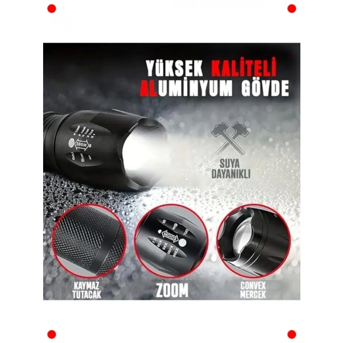 Güçlü LED El Feneri, 10W, Zoomlu, 5 Modlu, Alüminyum