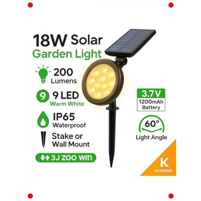 Güneş Enerjili Bahçe Spot Lamba - 9 LED - Su Geçirmez