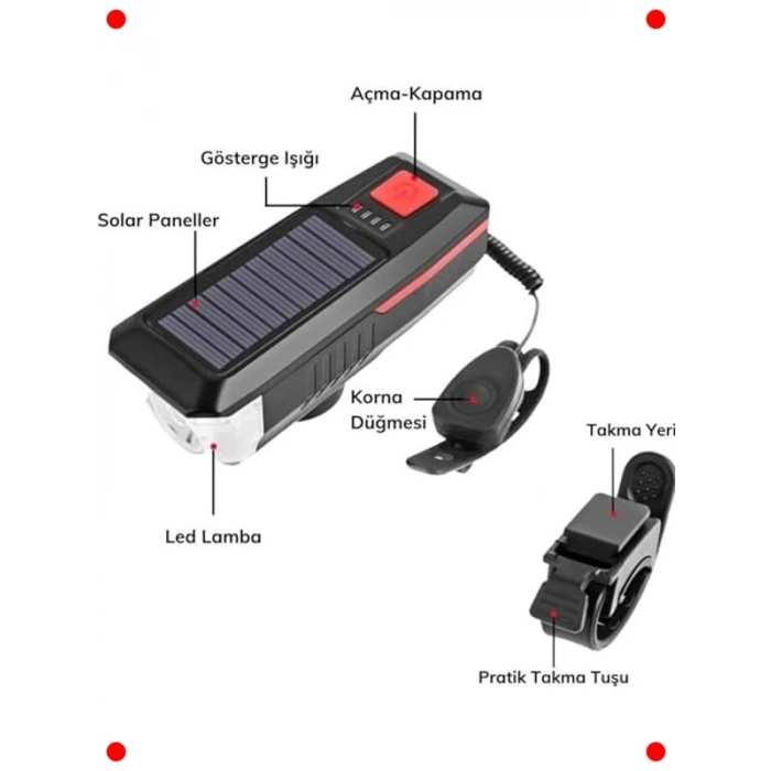 Güneş Enerjili Bisiklet Feneri & Korna - USB Şarjlı