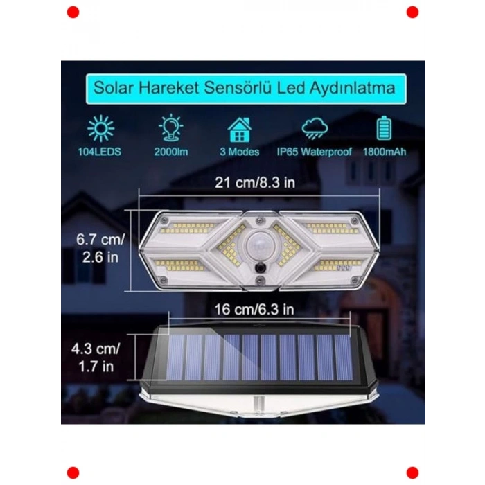 Güneş Enerjili Hareket Sensörlü, 6 Taraflı 104 Led Aydınlatma