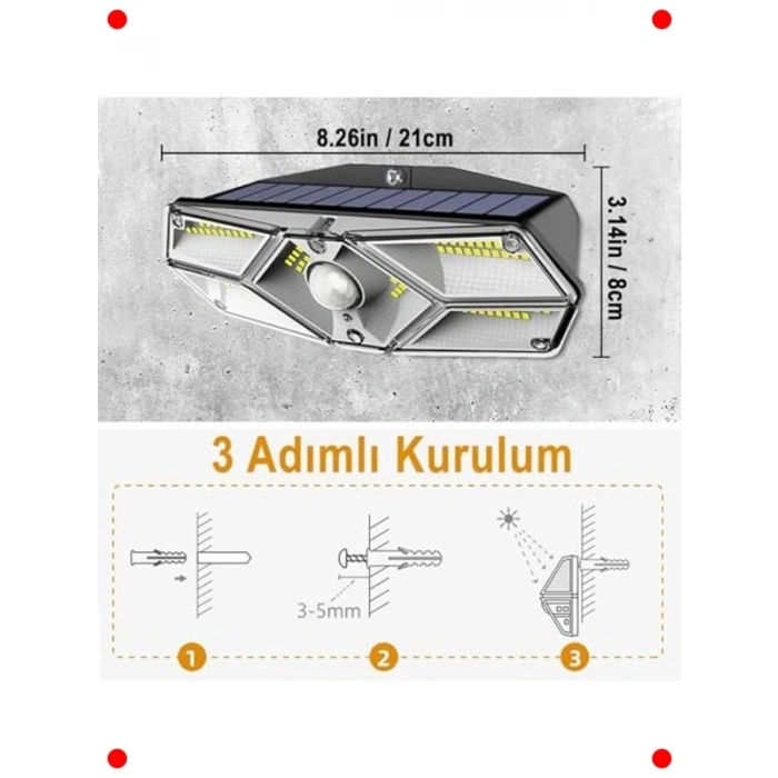 Güneş Enerjili Hareket Sensörlü, 6 Taraflı 104 Led Aydınlatma