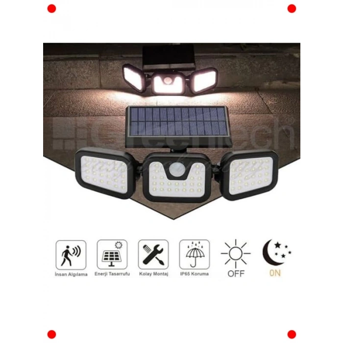 Güneş Enerjili Hareket Sensörlü Üç Taraflı LED Işık