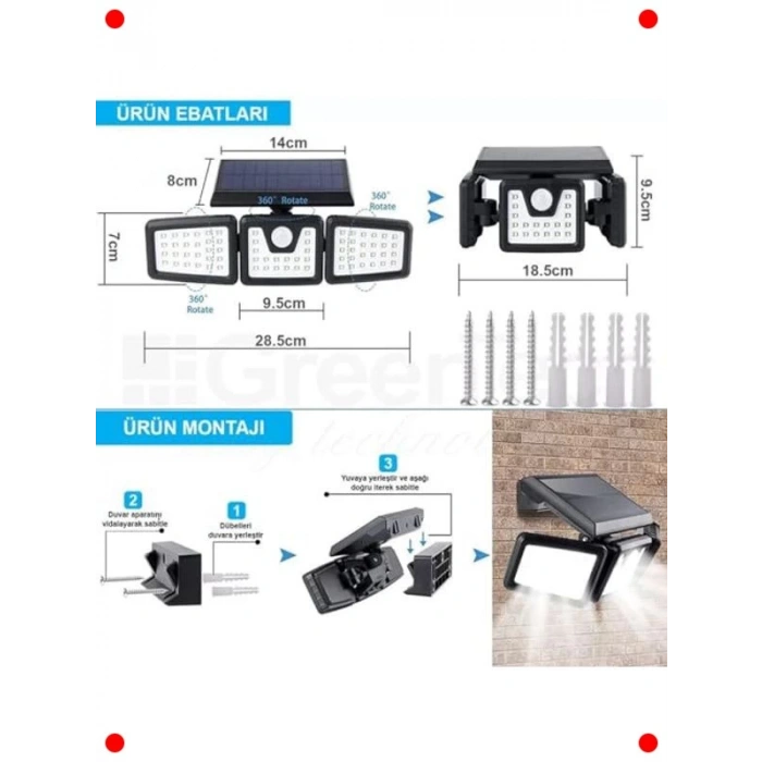 Güneş Enerjili Hareket Sensörlü Üç Taraflı LED Işık