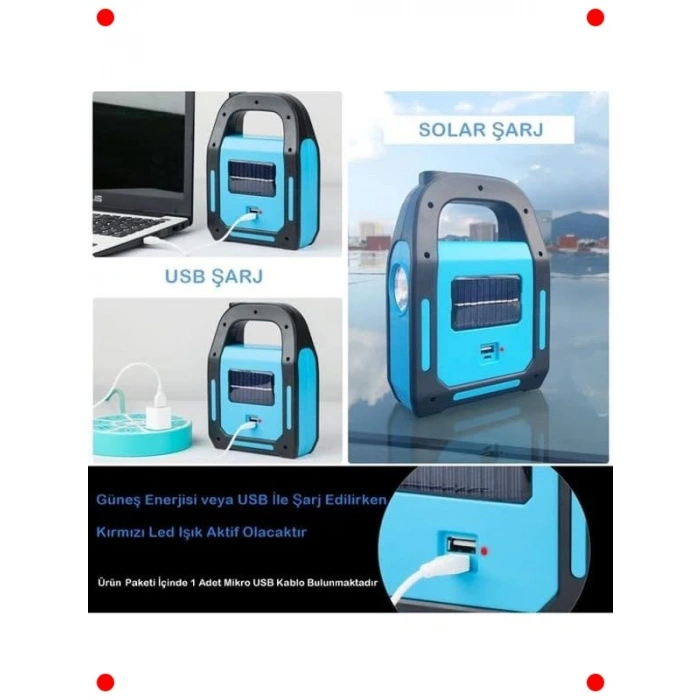 Güneş Enerjili & USB Şarjlı LED Kamp Feneri