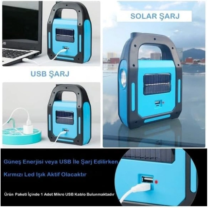 Güneş Enerjili ve USB Şarjlı LED Işıldak, Kamp Lambası