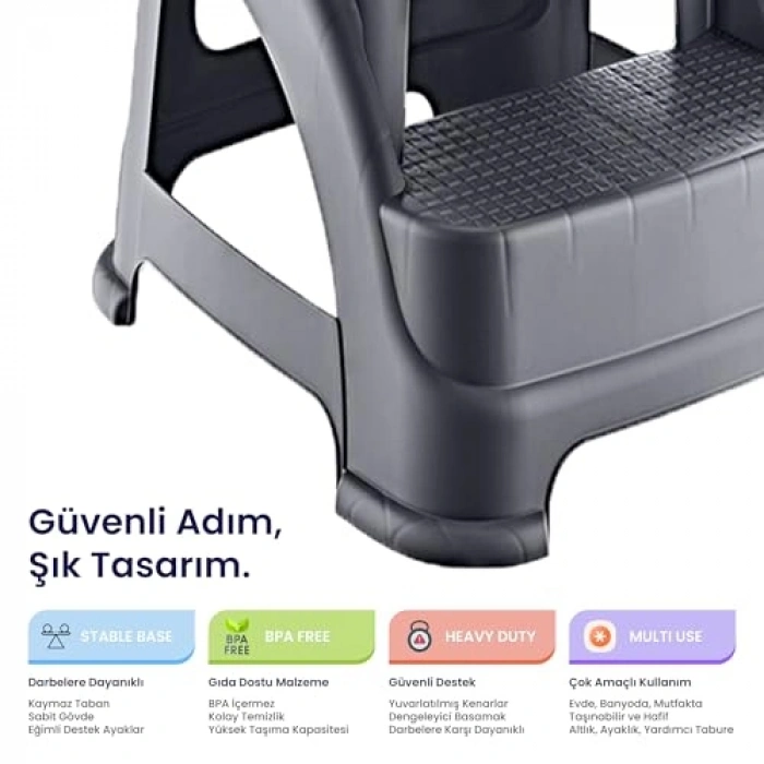 Hafif ve Dayanıklı 2 Basamaklı Merdiven, Kaymaz Taban Özelliği