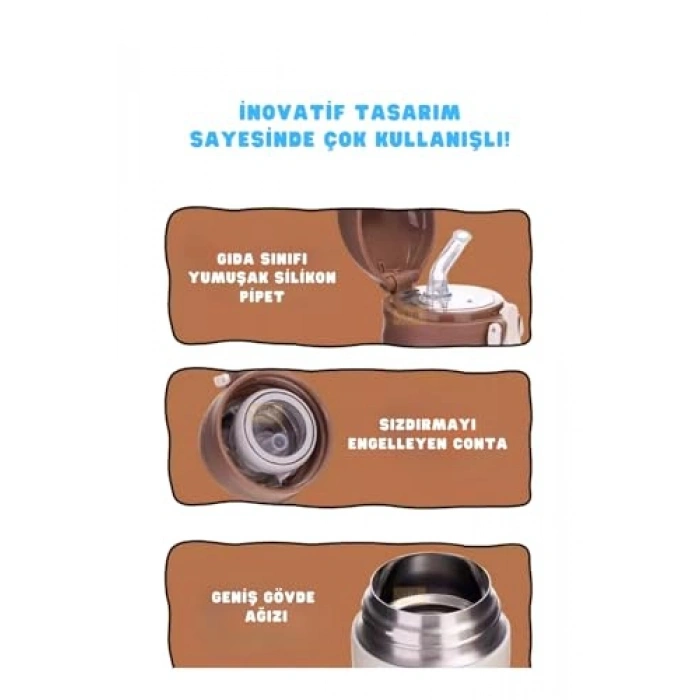 Hayvan Desenli Pipetli Termos, 480ml Kapasite ile Sevimli