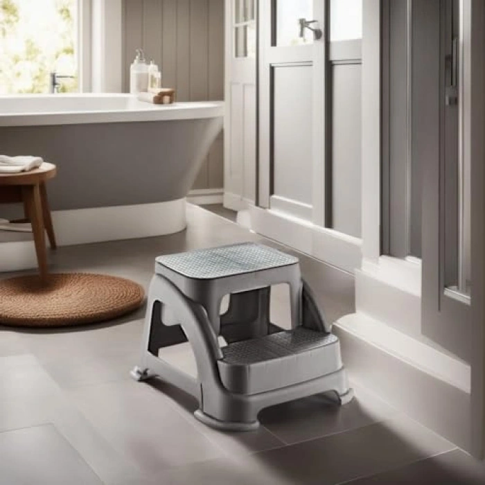 İki Basamaklı Kaymaz Tabure - 120  Taşıma Kapasiteli - Basamaklı Tabure - Sert Plastik (Antrasit)