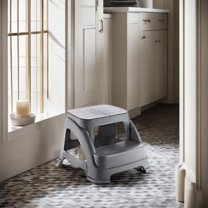 İki Basamaklı Kaymaz Tabure - 120  Taşıma Kapasiteli - Basamaklı Tabure - Sert Plastik (Antrasit)