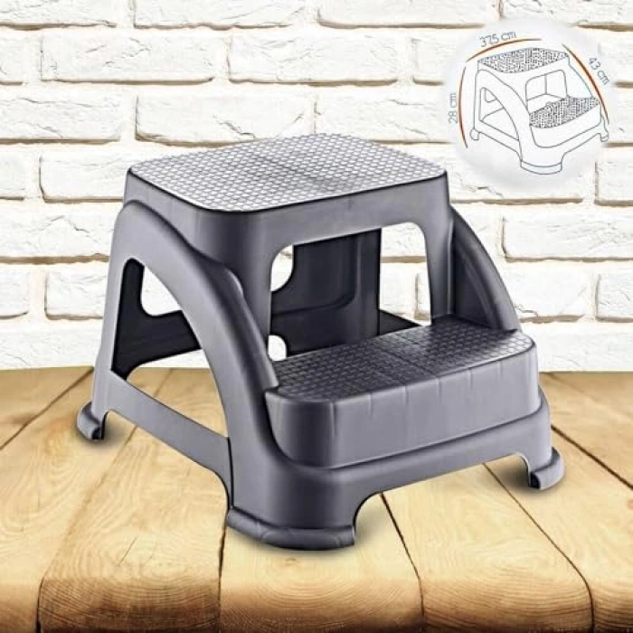 İki Basamaklı Kaymaz Tabure - 120  Taşıma Kapasiteli - Basamaklı Tabure - Sert Plastik (Antrasit)