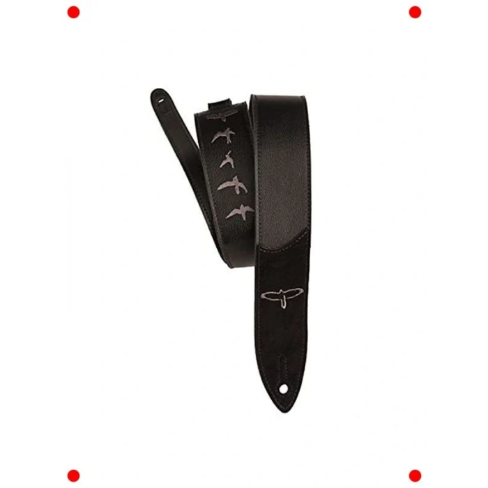 İşlemeli Kuş Motifli Premium Siyah Deri Gitar Askısı
